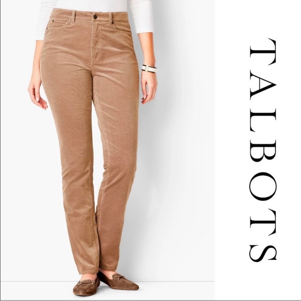 Talbots High Rise Corduroy Straight Leg Pants Camel Brown Stretch Women's Size 8